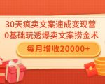 30天疯卖文案速成变现营，0基础玩透爆卖文案捞金术！每月增收20000+