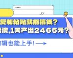 会复制粘贴就能搞钱?最新玩法，1天产出2465元?不用剪辑也能上手