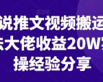 小说推文视频搬运玩法大佬收益20W实操经验分享