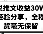 小说推文收益30W大佬经验分享，全程干货毫无保留